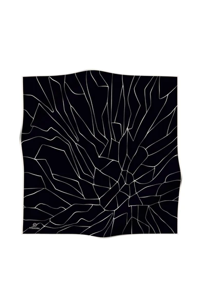 %100 Twill İpek Çizgi Desenli Siyah Krem Renkli 90x90 Eşarp Dikim Şekli : El Dikişi - Resim 2