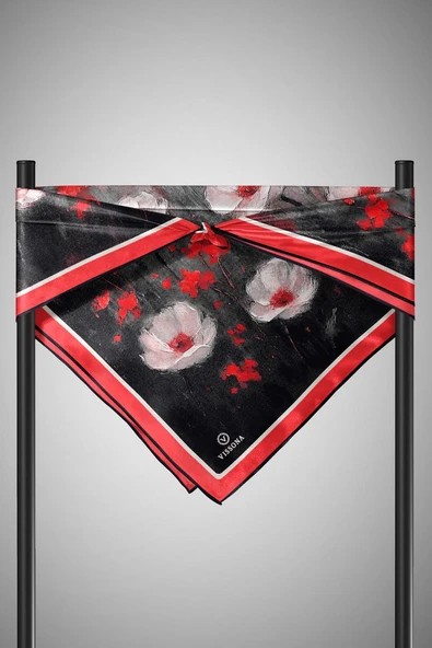 %100 Twill İpek Yağlı Boya Çiçek Desenli Nar Çiçeği Renkli 90x90 Eşarp Dikim Şekli : El Dikişi - Resim 5