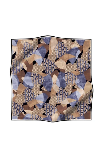 %100 Twill İpek Geometrik Desenli Gri - Sütlü Kahve Renkli 90x90 Eşarp Eşarp Kenar Dikiş Şekli El Dikişli - Resim 2