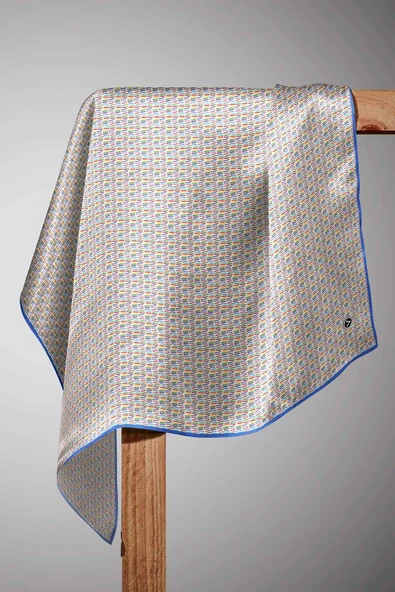 %100 Twill İpek Çizgi Desenli Saks Renkli 90x90 Eşarp Dikim Şekli : El Dikişi - Resim 6