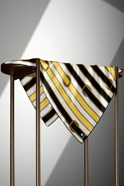 %100 Twill İpek Kemer Desenli Siyah - Limon Sarısı Renkli 90x90 Eşarp Dikim Şekli : El Dikişi - Resim 6