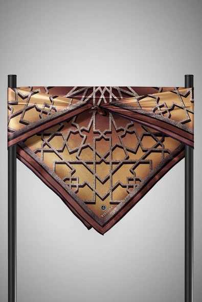 %100 Twill Türk Motifi  Desenli Camel - Bej Renkli 90x90 Eşarp Dikim Şekli: El Dikişi - Resim 6