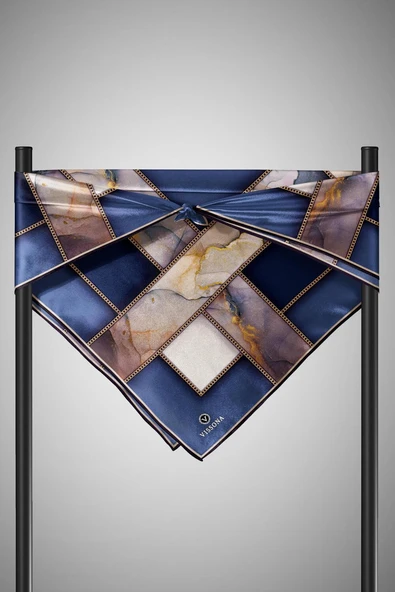 %100 Twill İpek Efektli Bant Desenli İndigo - Lacivert Renkli 90x90 Eşarp Dikim Şekli : El Dikişi - Resim 4