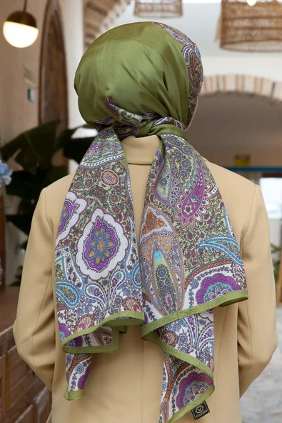 100% İpek Etro Desenli Haki Renkli 92x210 Şal ürün görseli