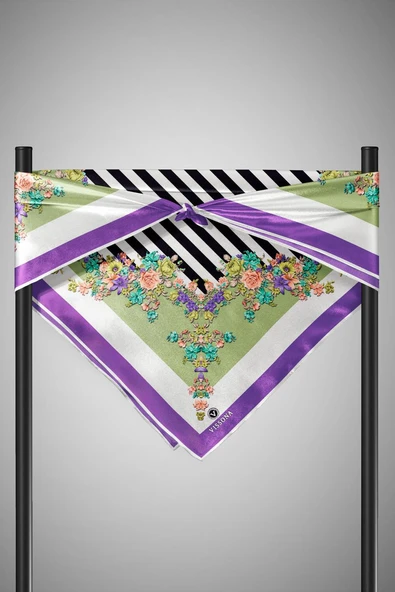 %100 Twill İpek Çıtır Çiçekli Ve Çizgi Desenli Mor - Haki Renkli 90x90 Eşarp Dikim Şekli : El Dikişi - Resim 3