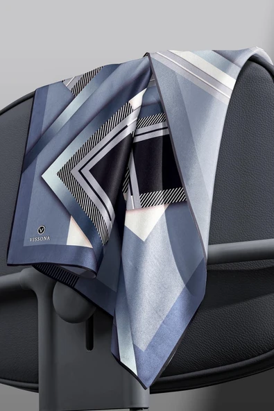 %100 Twill İpek Zebra Desenli İndigo - Siyah Renkli 90x90 Eşarp Dikim Şekli : El Dikişi - Resim 4