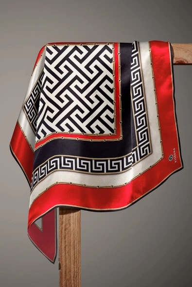 %100 Twill İpek Labirent Ve Geometrik Desenli Kırmızı - Siyah Renkli 90x90 Eşarp Dikim Şekli : El Dikişi - Resim 4
