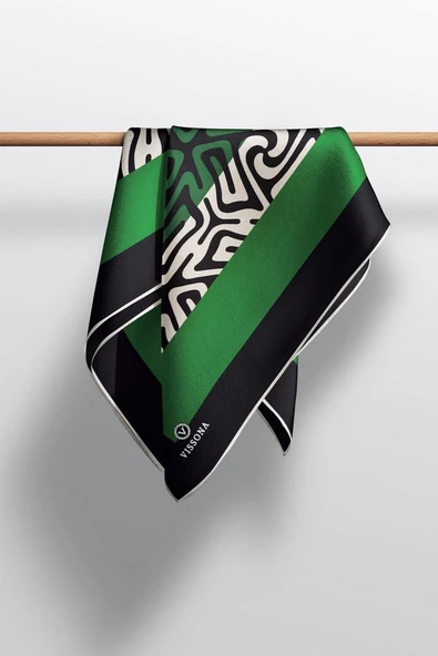 100% Twill İpek Bordürlü Dalga Desenli Siyah - Zümrüt Yeşili Renkli 90x90 Dikim Şekli : El Dikişi Eşarp - Resim 4