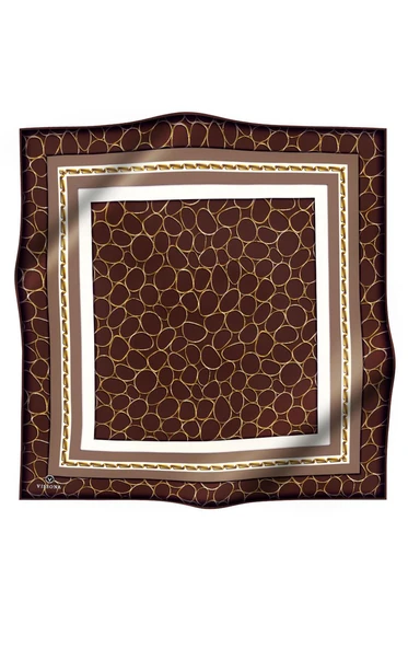 %100 Twill İpek Zincir Desenli Kahverengi - Bej Renkli 90x90 Eşarp Kenar Dikiş Şekli El Dikişli - Resim 2