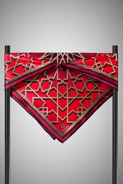 % 57 İPEK % 43 VİSKON Twill Türk Motifi  Desenli Kırmızı Renkli 90x90 Eşarp Dikim Şekli: El Dikişi - Resim 6