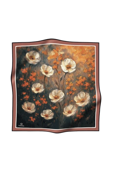 %100 Twill İpek Yağlı Boya Çiçek Desenli Taba - Petrol Yeşili Renkli 90x90 Eşarp Dikim Şekli : El Dikişi - Resim 2