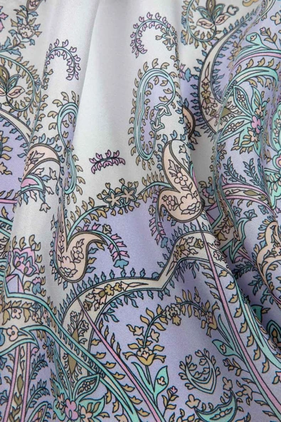 %100 İpek Etnik Desenli Gümüş Renkli 92x210 Şal - Resim 3