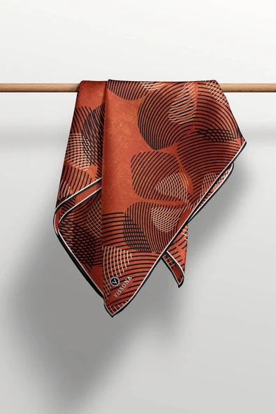 %100 Twill İpek Çizgili Çiçek Desenli Kiremit - Siyahi Renkli 90x90 Eşarp Dikim Şekli : El Dikişi - Resim 5