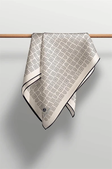 100% Twill İpek Etnik Motif Desenli Krem - Siyah Renkli 90x90 Dikim Şekli : El Dikişi Eşarp - Resim 5