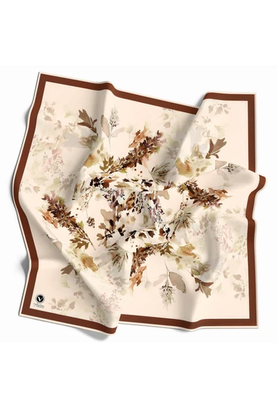 Kristal Sonbahar Yaprak Desenli Kahverengi Renkli 90x90 Eşarp (İpek İçermez) Kenar Dikiş Şekli El Dikişli ürün görseli 1