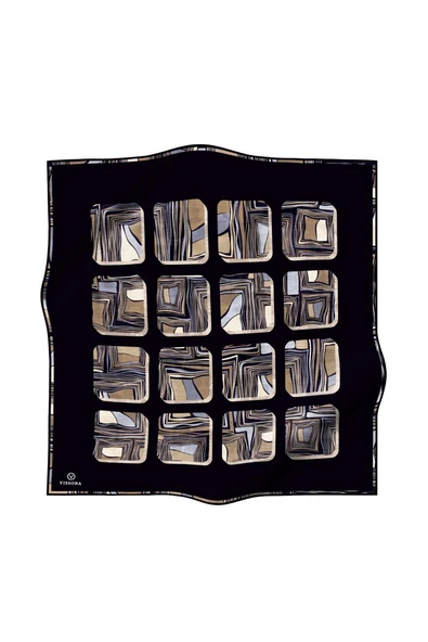 %100 Twill İpek Geometrik Kare Desenli Siyah - Gri Renkli 90x90 Eşarp Dikim Şekli : El Dikişi - Resim 2