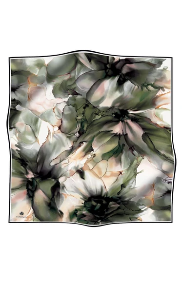 %100 Twill İpek Batik Çiçek Desenli Haki Yeşili - Vizon Renkli 90x90 Eşarp Kenar Dikiş Şekli El Dikişli - Resim 2