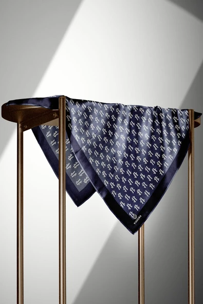 %100 Twill İpek Geometrik Desenli İndigo - Lacivert Renkli 90x90 Eşarp Dikim Şekli : El Dikişi - Resim 5