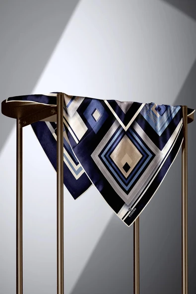 %100 Twill İpek Kare Desenli Lacivert - Vizon Renkli 90x90 Eşarp Kenar Dikiş Şekli El Dikişli - Resim 3