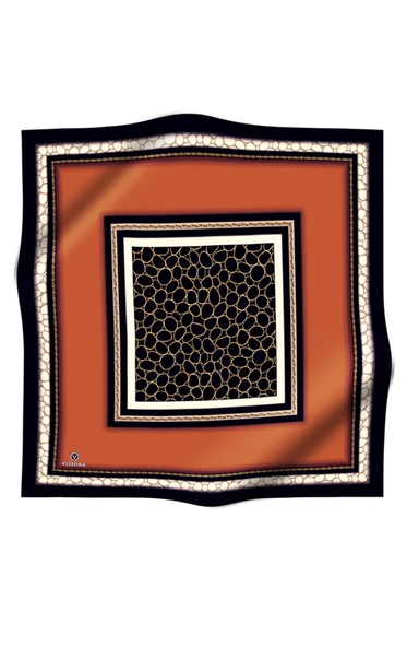 %100 Twill İpek Gold Halka Desenli Taba - Siyah Renkli 90x90 Eşarp Dikim Şekli : El Dikişi - Resim 2