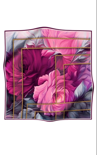 % 57 İPEK % 43 VİSKON Twill İpek Çiçek Geometrik Desenli fuşya Renkli 90x90 Eşarp Dikim Şekli : El Dikişi - Resim 2