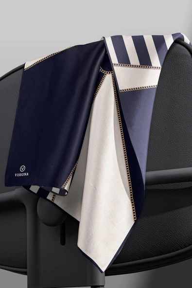 %100 Twill İpek Zincirli Çizgi Desenli Lacivert - Krem Renkli 90x90 Eşarp Dikim Şekli : El Dikişi - Resim 4