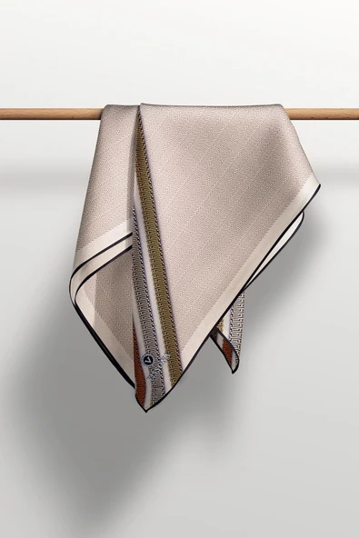 %100 Twill İpek Dikiş Motifli Ve Bant Desenli Krem - Taba Renkli 90x90 Eşarp Dikim Şekli : El Dikişi - Resim 4