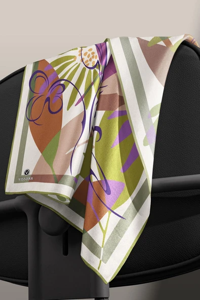 %100 Twill İpek Çiçek Desenli Haki - Mürdüm Renkli 90x90 Eşarp Dikim Şekli : El Dikişi - Resim 6