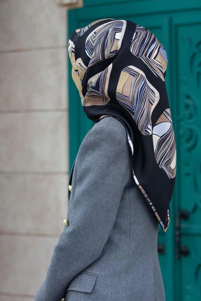 %100 Twill İpek Geometrik Kare Desenli Siyah - Gri Renkli 90x90 Eşarp Dikim Şekli : El Dikişi ürün görseli