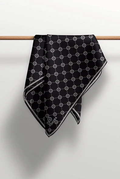 %100 Twill İpek Monogram Desenli Siyah - Krem Renkli 90x90 Eşarp Dikim Şekli : El Dikişi - Resim 5