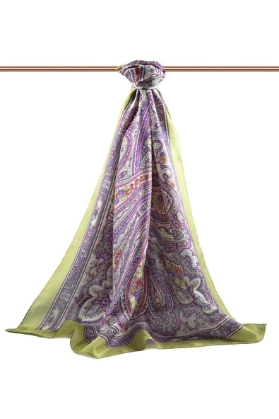 %100 İpek Etro Desenli Fıstık Yeşili Renkli 92x210 Şal - Resim 2