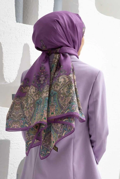 %100 İpek Etnik Desenli Mürdüm Renkli 92x210 Şal ürün görseli 1