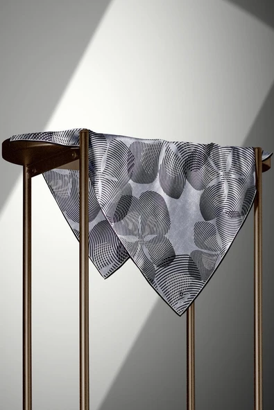 %100 Twill İpek Çizgili Çiçek Desenli Siyah - Gri Renkli 90x90 Eşarp Dikim Şekli : El Dikişi - Resim 4