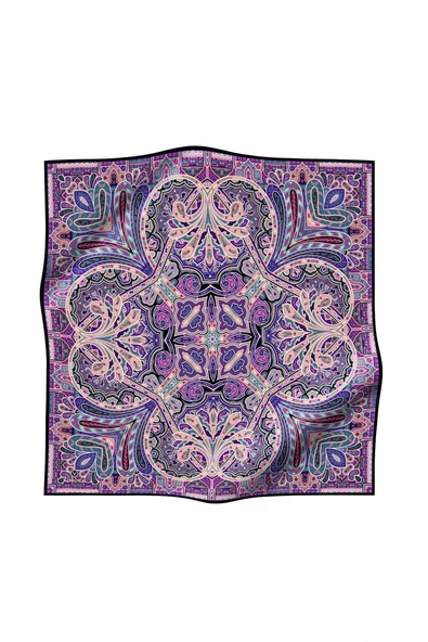 100% Twill İpek Etnik Desenli Mor - Petrol Yeşili Renkli 90x90 Dikim Şekli : El Dikişi Eşarp - Resim 2