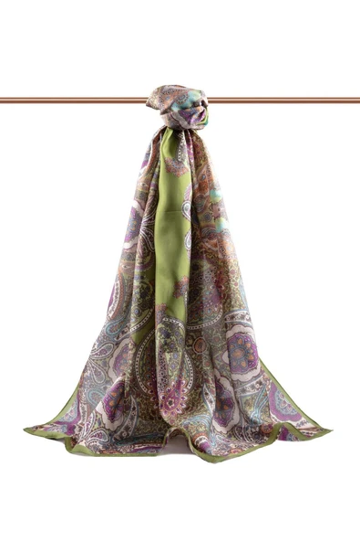 100% İpek Etro Desenli Haki Renkli 92x210 Şal - Resim 2