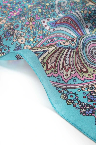 100% İpek Etro Desenli Turkuaz - Pudra Renkli 92x210 Şal - Resim 4