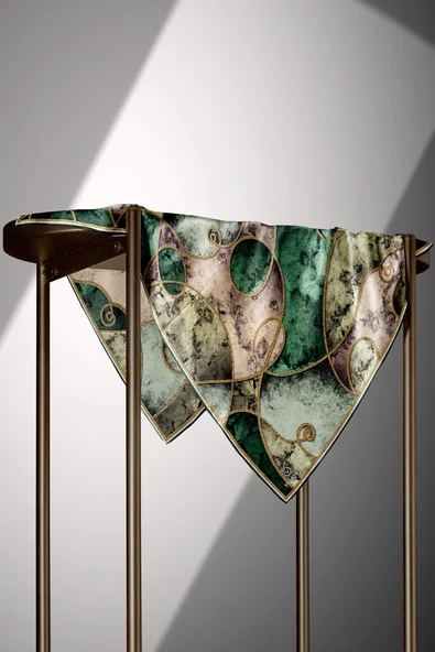 %100 Twill İpek Zincirli Mermer Desenli Zümrüt Yeşili - Haki Renkli 90x90 Eşarp Dikim Şekli : El Dikişi - Resim 5