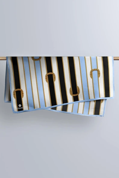 %100 Twill İpek Kemer Desenli Siyah - Bebe Mavisi Renkli 90x90 Eşarp Dikim Şekli : El Dikişi - Resim 5