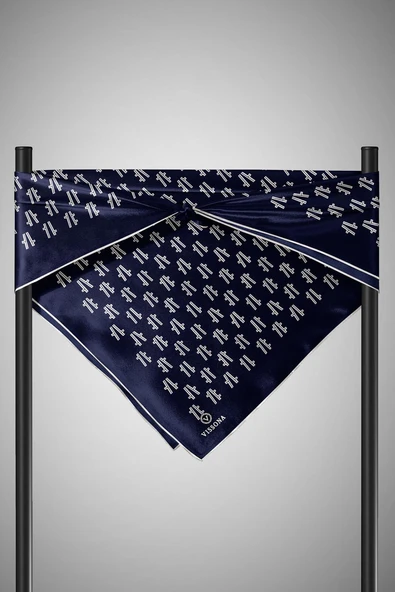 %100 Twill İpek Geometrik Desenli Lacivert - Krem Renkli 90x90 Eşarp Dikim Şekli : El Dikişi - Resim 3