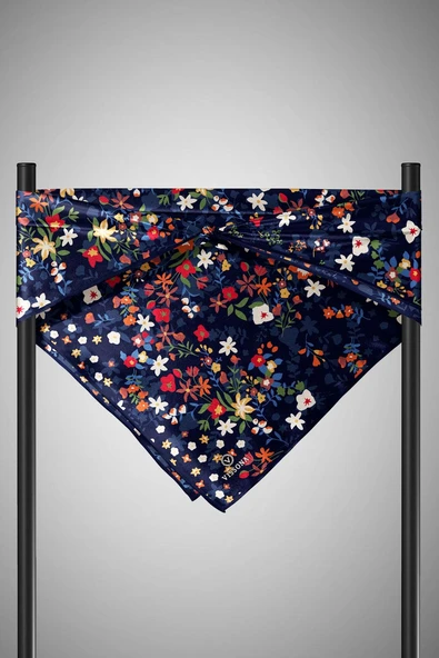 %100 Twill İpek Çıtır Çiçek Desenli Lacivert - Kırmızı Renkli 90x90 Eşarp Dikim Şekli : El Dikişi - Resim 5