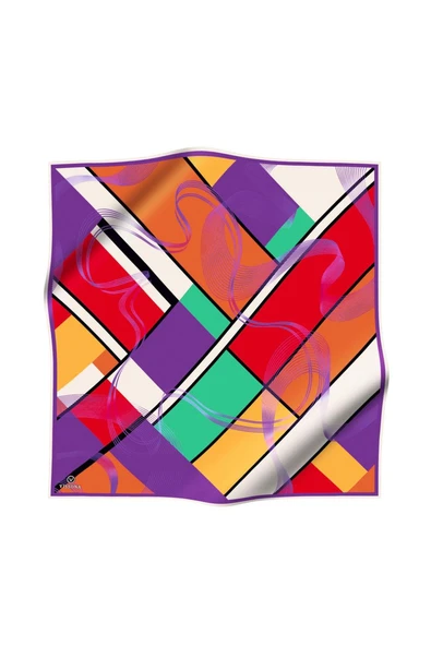 %100 Twill İpek Geometrik Desenli Mor - Kırmızı Renkli 90x90 Eşarp Dikim Şekli : El Dikişi - Resim 2