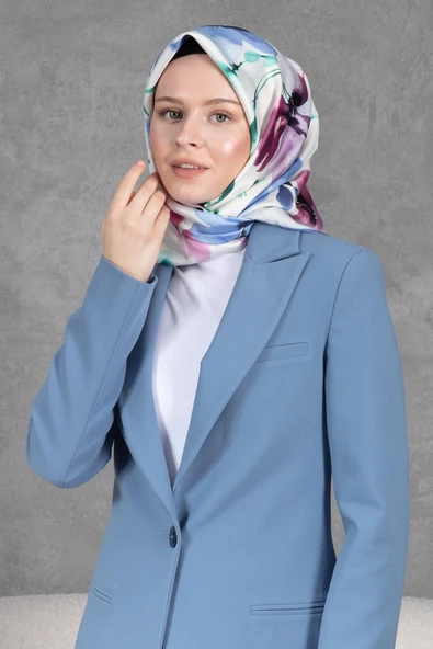 %100 Twill İpek Çiçek Desenli Gül Kurusu - İndigo Renkli 90x90 Dikim Şekli : El Dikişi Eşarp - Resim 4