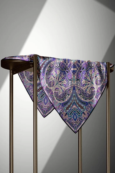100% Twill İpek Etnik Desenli Mor - Petrol Yeşili Renkli 90x90 Dikim Şekli : El Dikişi Eşarp - Resim 5