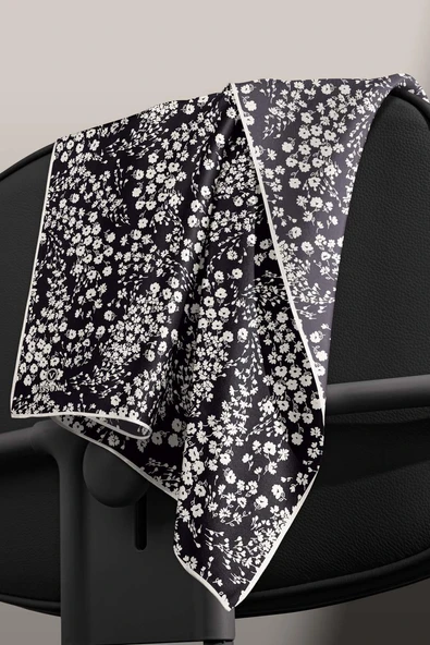 %100 Twill İpek Çıtır Çiçek Desenli Siyah - Krem Renkli 90x90 Eşarp Dikim Şekli : El Dikişi - Resim 6