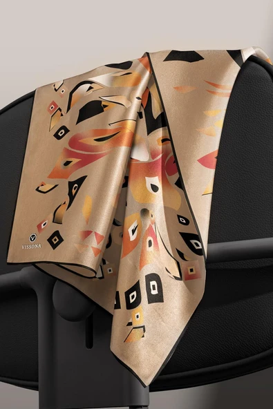 %100 Twill İpek Geometrik Desenli Taba - Bej Renkli 90x90 Eşarp Dikim Şekli : El Dikişi - Resim 5