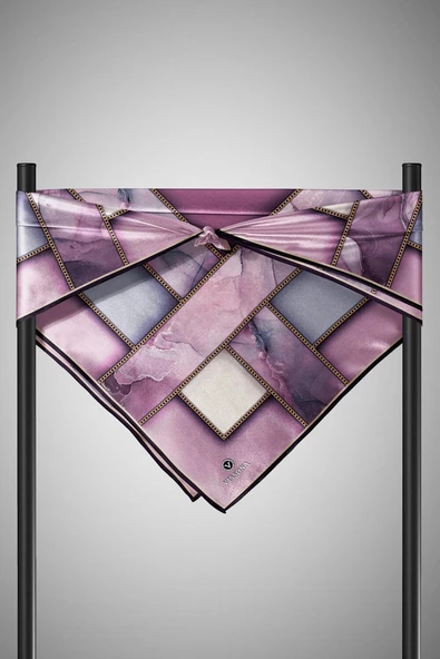 %100 Twill İpek Efektli Bant Desenli Lila - Gri Renkli 90x90 Eşarp Dikim Şekli : El Dikişi - Resim 6