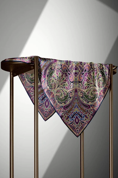 100% Twill İpek Etnik Desenli Lacivert - Haki Renkli 90x90 Dikim Şekli : El Dikişi Eşarp - Resim 5