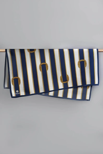 %100 Twill İpek Kemer Desenli Lacivert - Krem Renkli 90x90 Eşarp Dikim Şekli : El Dikişi - Resim 4