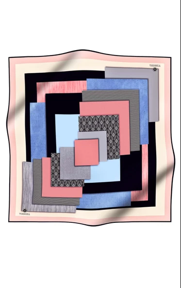 %100 Twill İpek Geometrik Desenli Bebe Mavisi - Pudra Renkli 90x90 Eşarp Dikim Şekli : El Dikişi - Resim 2