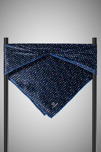 %100 Twill İpek Çıtır Motif Desenli Lacivert - İndigo Renkli 90x90 Eşarp Dikim Şekli : El Dikişi - Resim 3